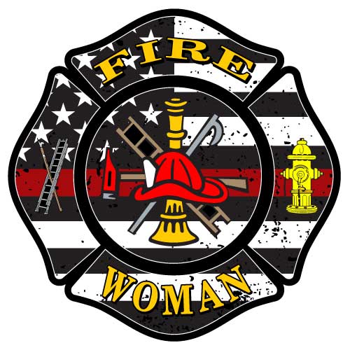 U.S. flag with red stripe Maltese Cross design with fire woman text