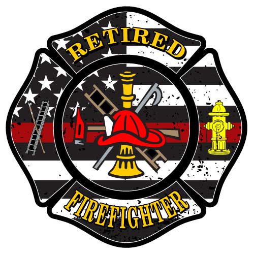 US flag with red stripe Maltese Cross design with retired firefighter text