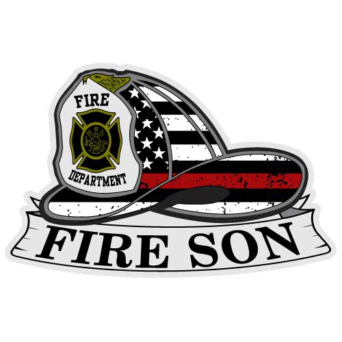 U.S. flag with red stripe fire helmet with fire son text